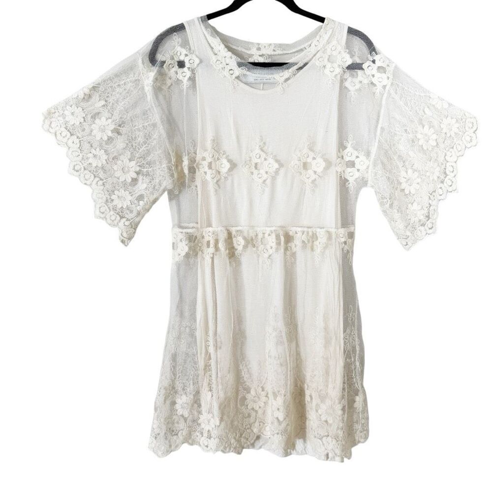 Zara Women's Cream Boho Lace Embroidered Floral Coquette‎ Feminine Dress Medium